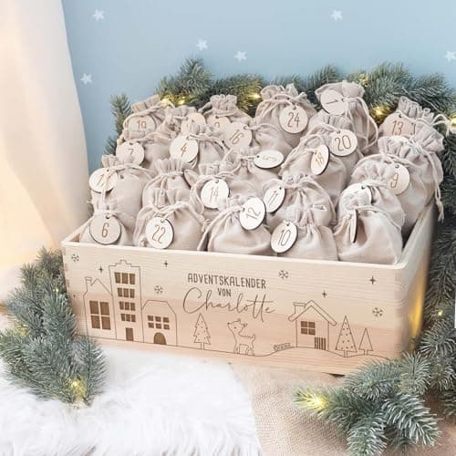 Personalisierte Adventskiste - Kinder Adventskalender aus Holz mit Namen - Weihnachtskalender für Kinder - hellomini (Re