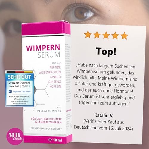 Testsieger 2025: Hormonfreies Wimpernserum ohne Hormone mit Hyaluron, Kollagen, Peptiden und Weizenprotein – Ideal für e