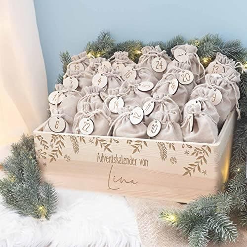 Personalisierte Adventskiste - Kinder Adventskalender aus Holz mit Namen - Weihnachtskalender für Kinder - hellomini (Re