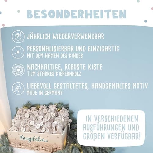 Personalisierte Adventskiste - Kinder Adventskalender aus Holz mit Namen - Weihnachtskalender für Kinder - hellomini (Re
