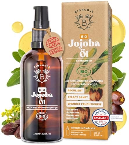 BIONOBLE Jojobaöl Bio Kaltgepresst für Sehnenpflege und Pickelregulation - Haare, Gesicht, Körper, Nägel - Hexanfrei, V