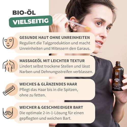 BIONOBLE Jojobaöl Bio Kaltgepresst für Sehnenpflege und Pickelregulation - Haare, Gesicht, Körper, Nägel - Hexanfrei, V