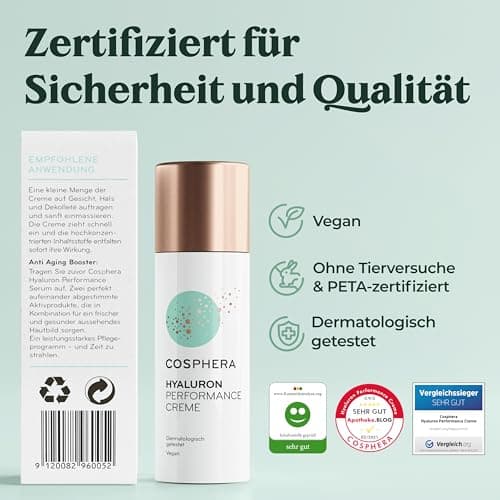 Cosphera Hyaluron Performance Creme 50 ml - vegane Antialterungstages- undNightcreme für Gesicht und Hals - stark dosier
