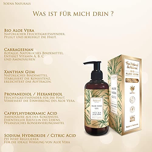 Soena® Aloe Vera Gel 100% BIO – Feuchtigkeitspflege ohne Alkohol & Duftstoffe – Tierversuchsfrei 250ml – Naturkosmetik M