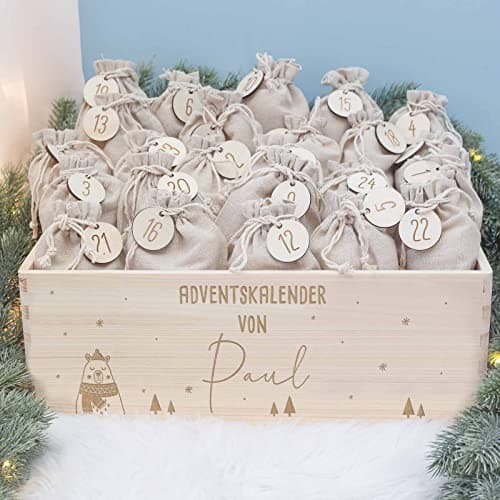 Personalisierte Adventskiste - Kinder Adventskalender aus Holz mit Namen - Weihnachtskalender für Kinder - hellomini (Re