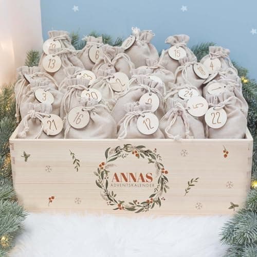 Personalisierte Adventskiste - Kinder Adventskalender aus Holz mit Namen - Weihnachtskalender für Kinder - hellomini (Re