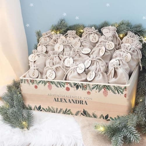 Personalisierte Adventskiste - Kinder Adventskalender aus Holz mit Namen - Weihnachtskalender für Kinder - hellomini (Re