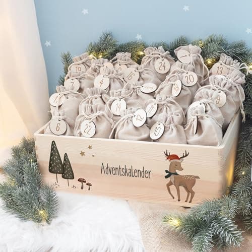 Personalisierte Adventskiste - Kinder Adventskalender aus Holz mit Namen - Weihnachtskalender für Kinder - hellomini (Re