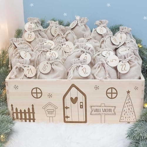 Personalisierte Adventskiste - Kinder Adventskalender aus Holz mit Namen - Weihnachtskalender für Kinder - hellomini (Re