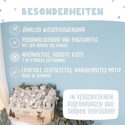 Personalisierte Adventskiste - Kinder Adventskalender aus Holz mit Namen - Weihnachtskalender für Kinder - hellomini (Re
