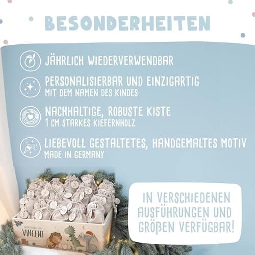 Personalisierte Adventskiste - Kinder Adventskalender aus Holz mit Namen - Weihnachtskalender für Kinder - hellomini (Re