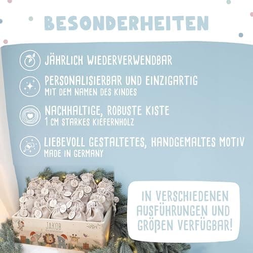 Personalisierte Adventskiste - Kinder Adventskalender aus Holz mit Namen - Weihnachtskalender für Kinder - hellomini (Re