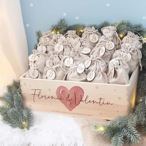 Personalisierte Adventskiste - Kinder Adventskalender aus Holz mit Namen - Weihnachtskalender für Kinder - hellomini (Re
