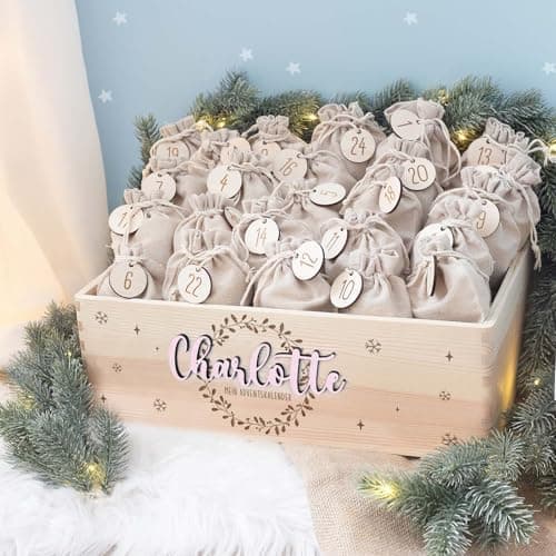 Personalisierte Adventskiste - Kinder Adventskalender aus Holz mit Namen - Weihnachtskalender für Kinder - hellomini (Re