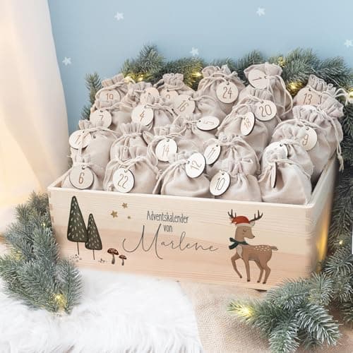 Personalisierte Adventskiste - Kinder Adventskalender aus Holz mit Namen - Weihnachtskalender für Kinder - hellomini (Re