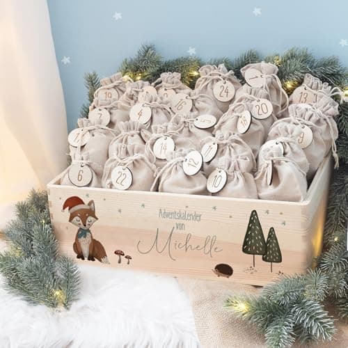 Personalisierte Adventskiste - Kinder Adventskalender aus Holz mit Namen - Weihnachtskalender für Kinder - hellomini (Re