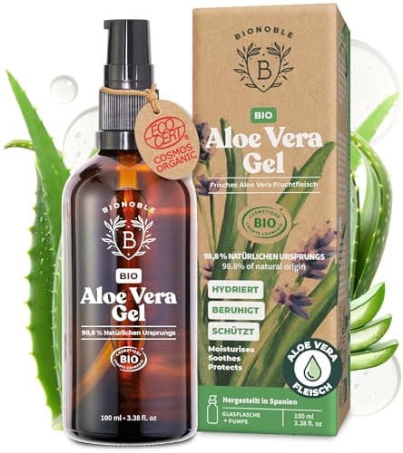 BIONOBLE Bio Aloe Vera Gel 100% Reines Blattgel Haare - Spendet Feuchtigkeit - Gesicht, Nach-Tagebad, Körper - 100ml Gla
