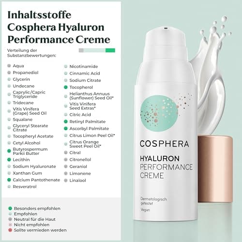 Cosphera Hyaluron Performance Creme 50 ml - vegane Antialterungstages- undNightcreme für Gesicht und Hals - stark dosier