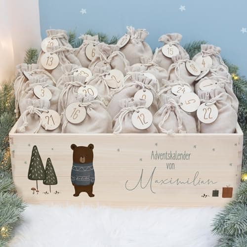 Personalisierte Adventskiste - Kinder Adventskalender aus Holz mit Namen - Weihnachtskalender für Kinder - hellomini (Re