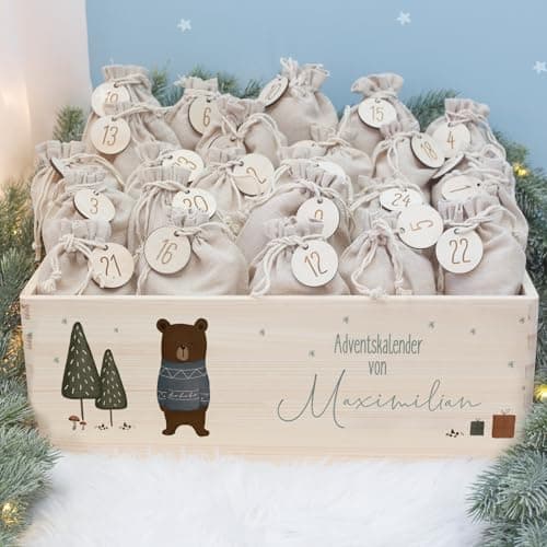 Personalisierte Adventskiste - Kinder Adventskalender aus Holz mit Namen - Weihnachtskalender für Kinder - hellomini (Re