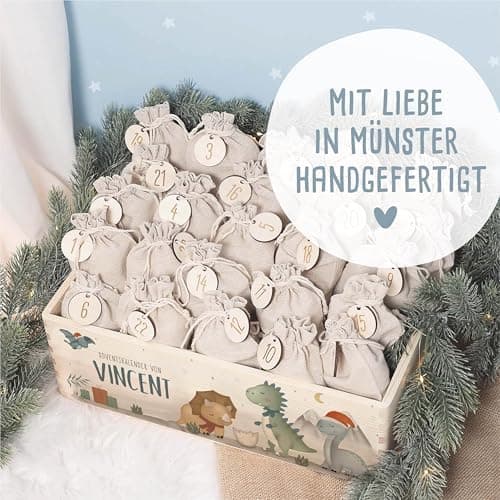 Personalisierte Adventskiste - Kinder Adventskalender aus Holz mit Namen - Weihnachtskalender für Kinder - hellomini (Re