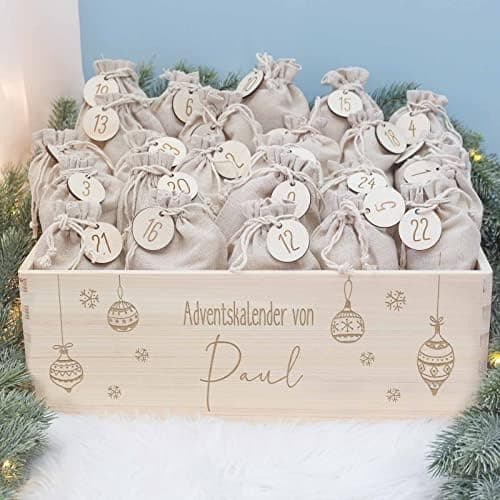 Personalisierte Adventskiste - Kinder Adventskalender aus Holz mit Namen - Weihnachtskalender für Kinder - hellomini (Re
