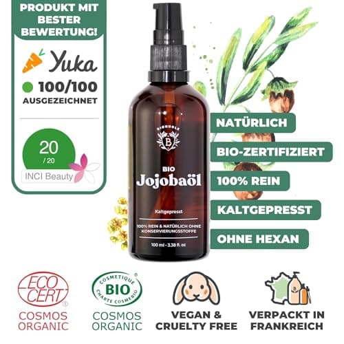 BIONOBLE Jojobaöl Bio Kaltgepresst für Sehnenpflege und Pickelregulation - Haare, Gesicht, Körper, Nägel - Hexanfrei, V