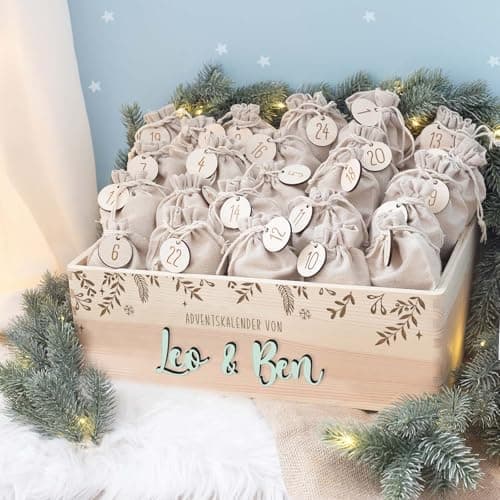 Personalisierte Adventskiste - Kinder Adventskalender aus Holz mit Namen - Weihnachtskalender für Kinder - hellomini (Re