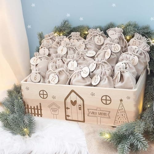 Personalisierte Adventskiste - Kinder Adventskalender aus Holz mit Namen - Weihnachtskalender für Kinder - hellomini (Re