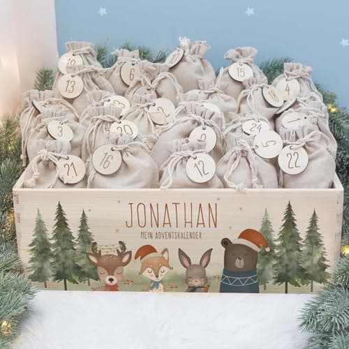 Personalisierte Adventskiste - Kinder Adventskalender aus Holz mit Namen - Weihnachtskalender für Kinder - hellomini (Re