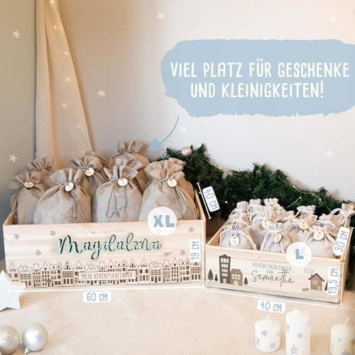 Personalisierte Adventskiste - Kinder Adventskalender aus Holz mit Namen - Weihnachtskalender für Kinder - hellomini (Re