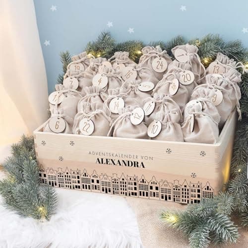 Personalisierte Adventskiste - Kinder Adventskalender aus Holz mit Namen - Weihnachtskalender für Kinder - hellomini (Re