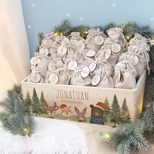 Personalisierte Adventskiste - Kinder Adventskalender aus Holz mit Namen - Weihnachtskalender für Kinder - hellomini (Re
