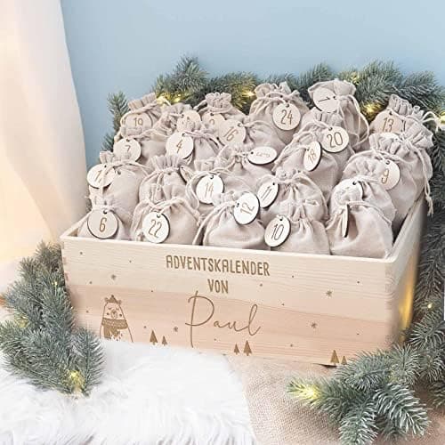 Personalisierte Adventskiste - Kinder Adventskalender aus Holz mit Namen - Weihnachtskalender für Kinder - hellomini (Re