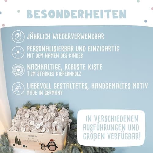 Personalisierte Adventskiste - Kinder Adventskalender aus Holz mit Namen - Weihnachtskalender für Kinder - hellomini (Re