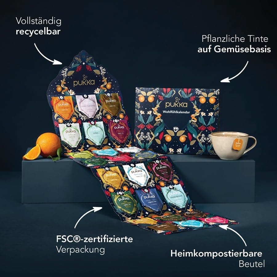 Pukka Bio Tee Geschenkset Wohlfühlkalender 2025 12 Tee Varianten EU Organic Soil Association