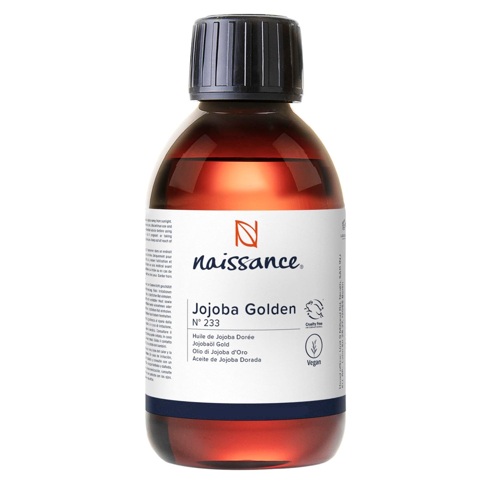 Naissance Jojobaöl Gold - Für Haare und Haut - Kaltgepresst - Massage und Kosmetik - 225ml - Amazon Zertifizierung - Com