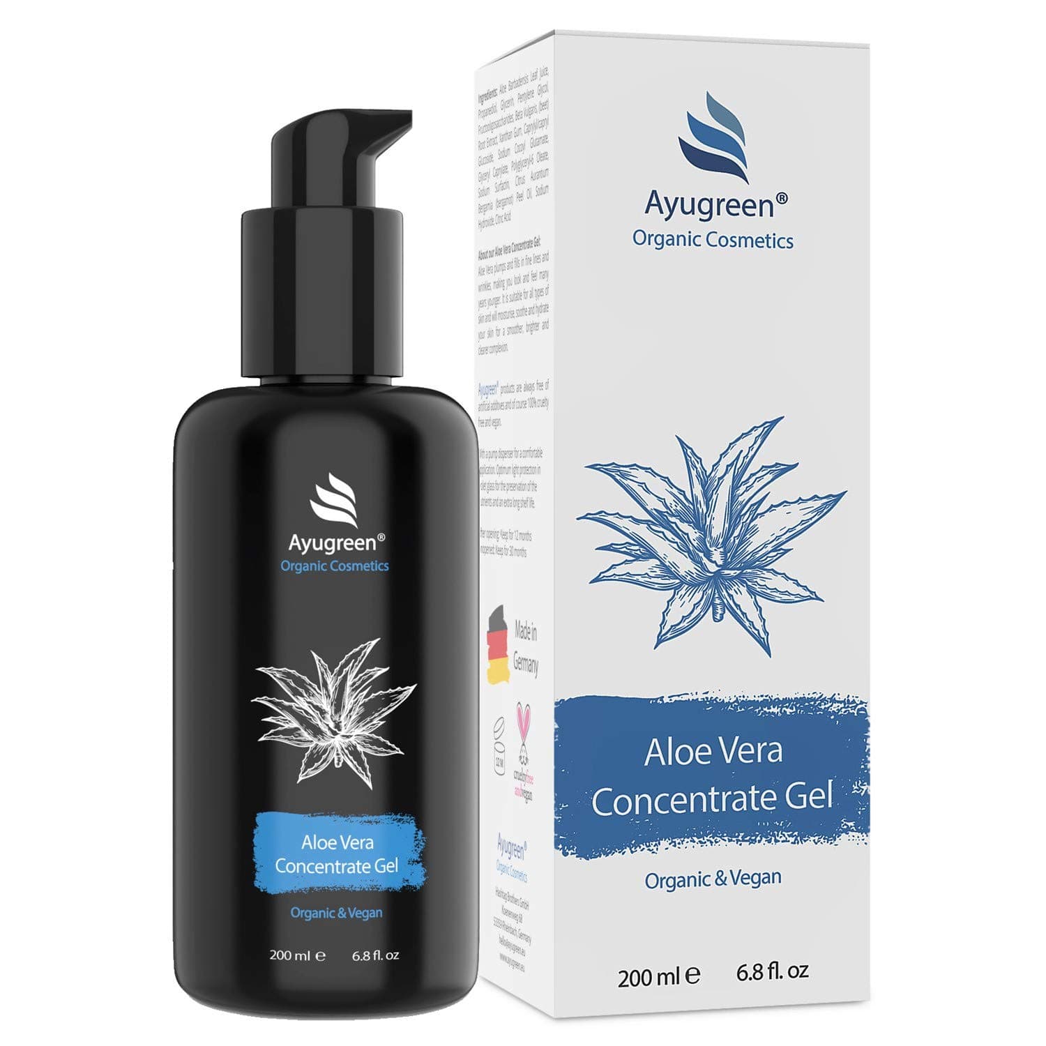 Aloe Vera Gel BIO für Gesicht und Körper - rein natürlicher Saft - 200ml Glasflasche - vegan - Made in Germany