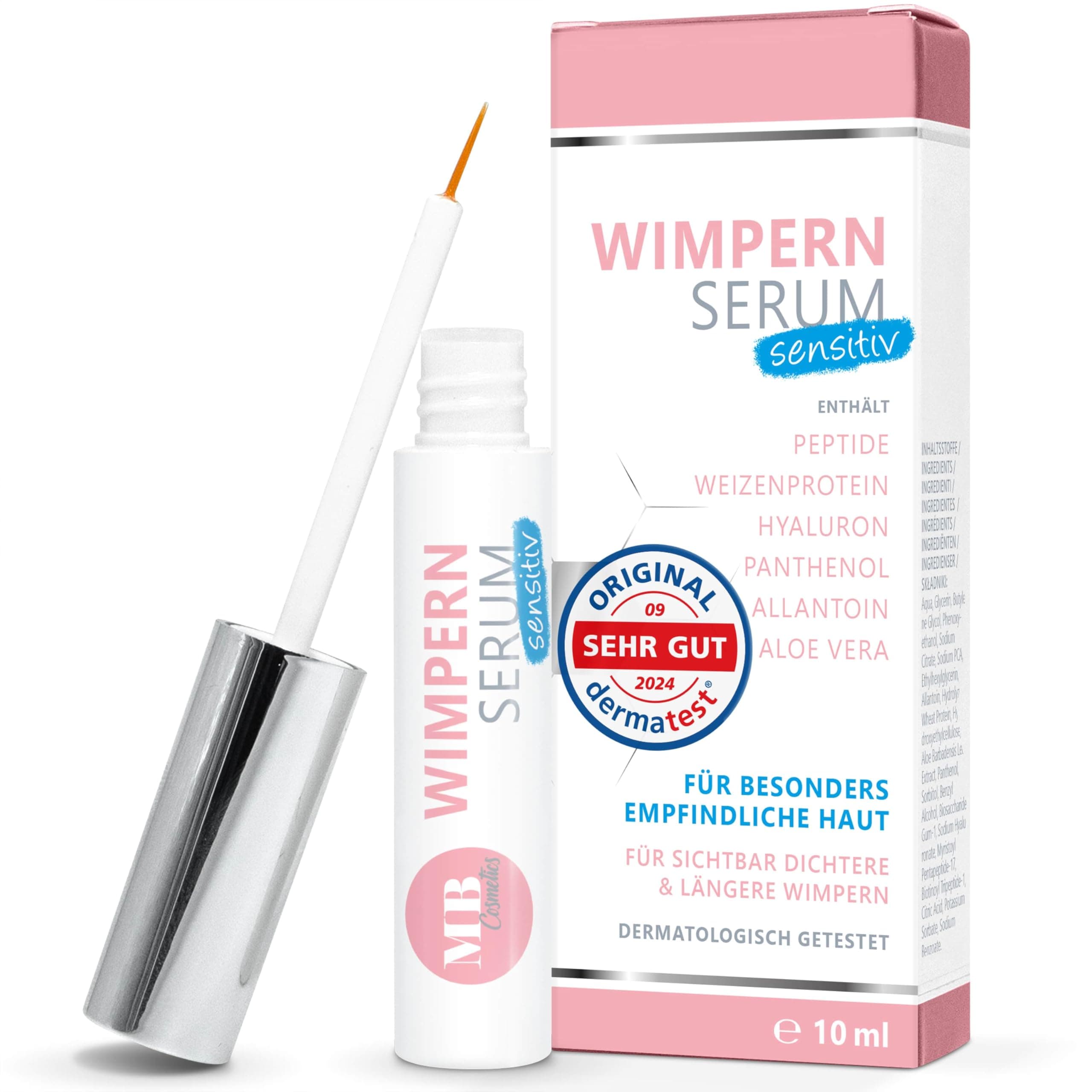 Wimpernserum ohne Hormone fürSensitive & Vegan – 10 ml Hyaluron & Aloe Vera – Längere Wimpern – Made in Germany