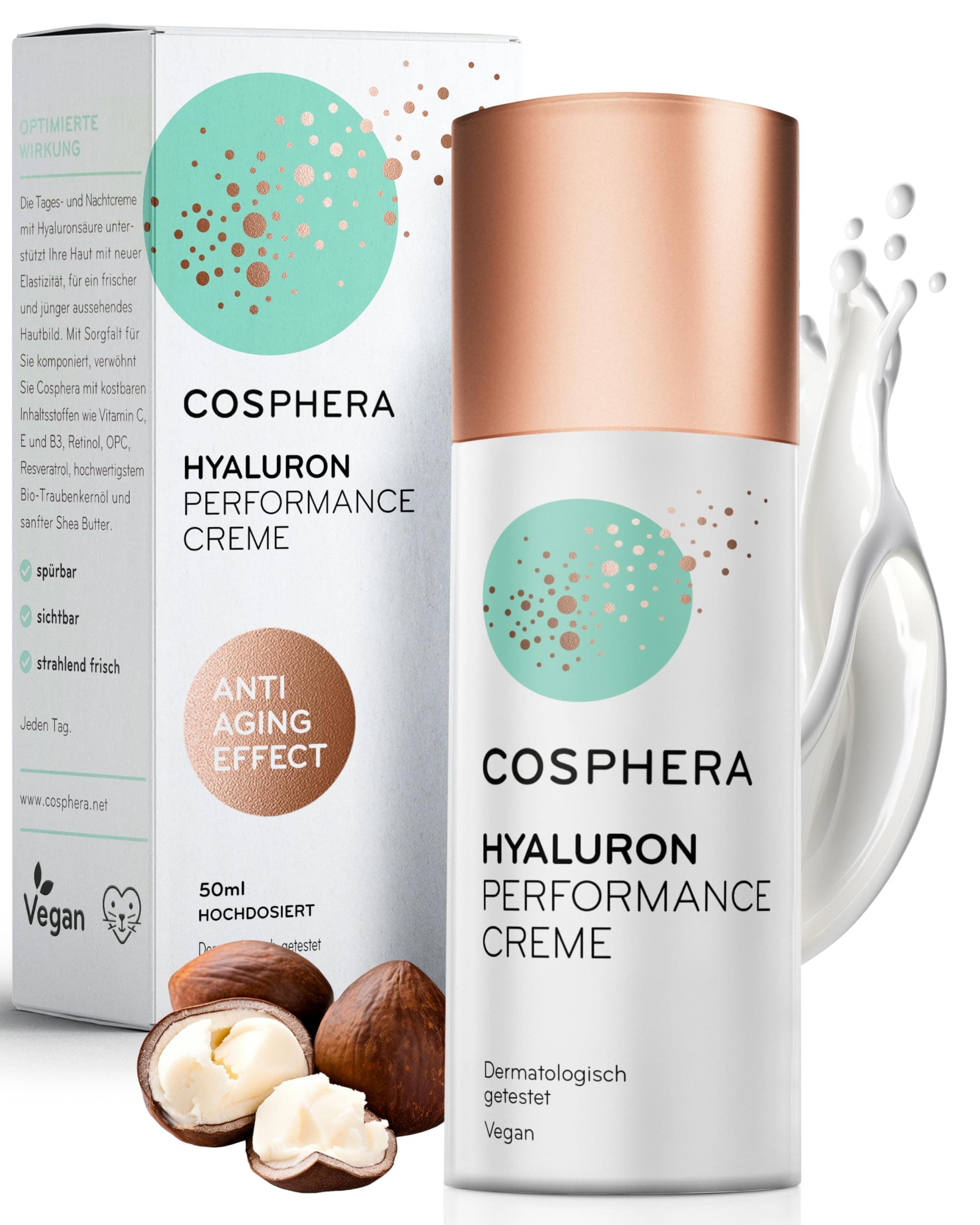 Cosphera Hyaluron Performance Creme 50 ml - vegane Antialterungstages- undNightcreme für Gesicht und Hals - stark dosier