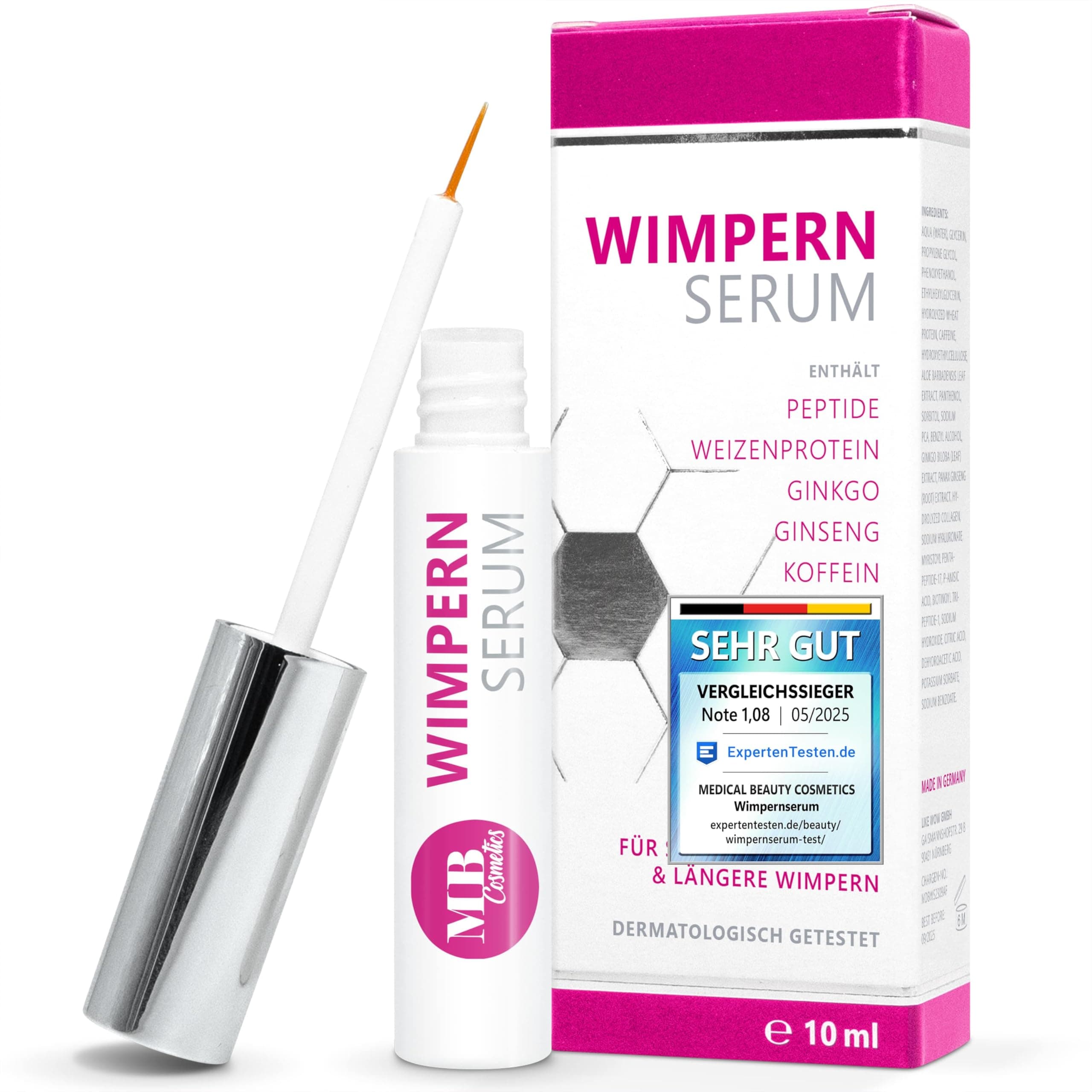 Testsieger 2025: Hormonfreies Wimpernserum ohne Hormone mit Hyaluron, Kollagen, Peptiden und Weizenprotein – Ideal für e