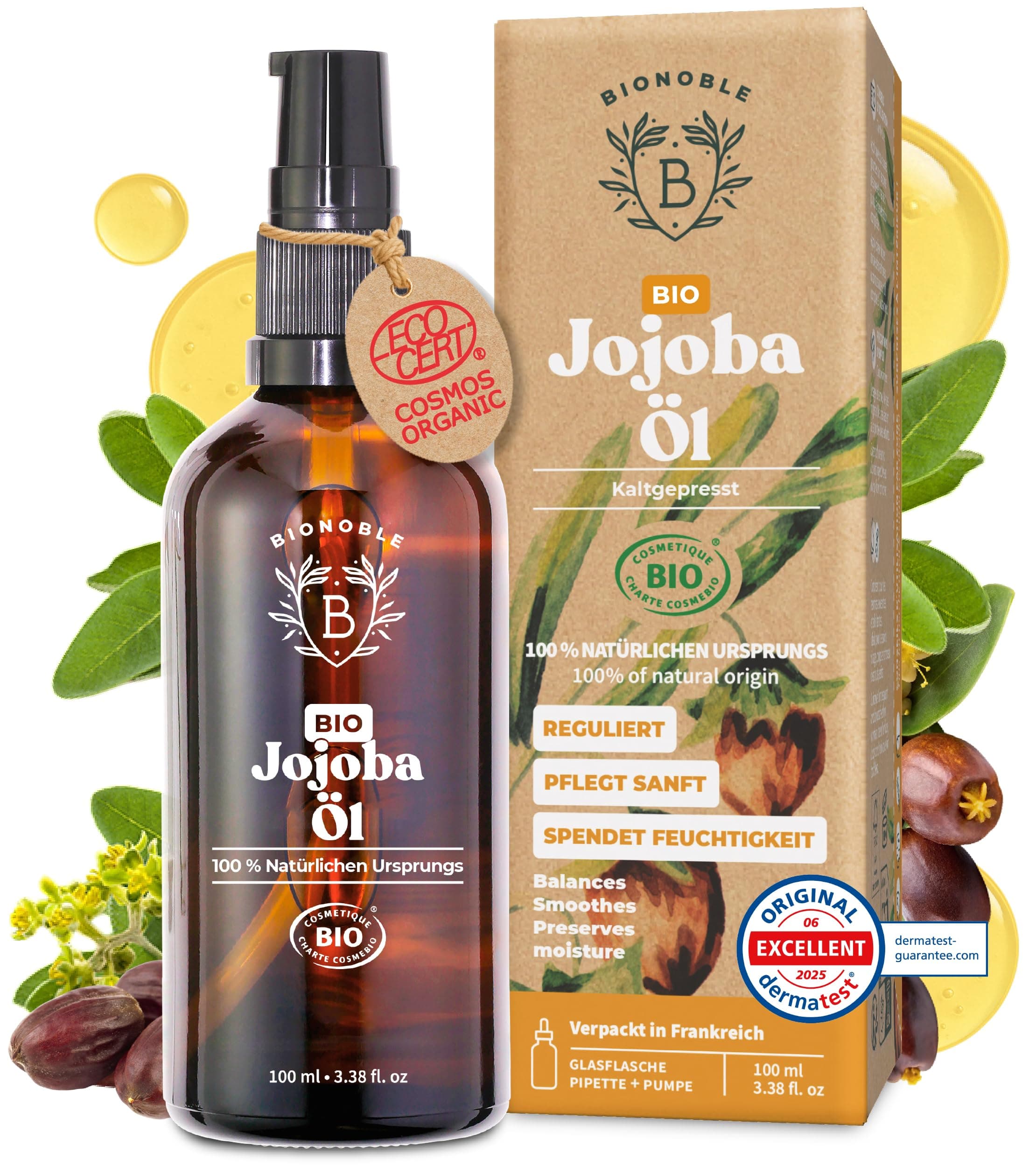 BIONOBLE Jojobaöl Bio Kaltgepresst - SebumpRODUCTION, Hautpflege, Äderlich Sauber, Anti-Pickel - Haare, Gesicht, Körper,