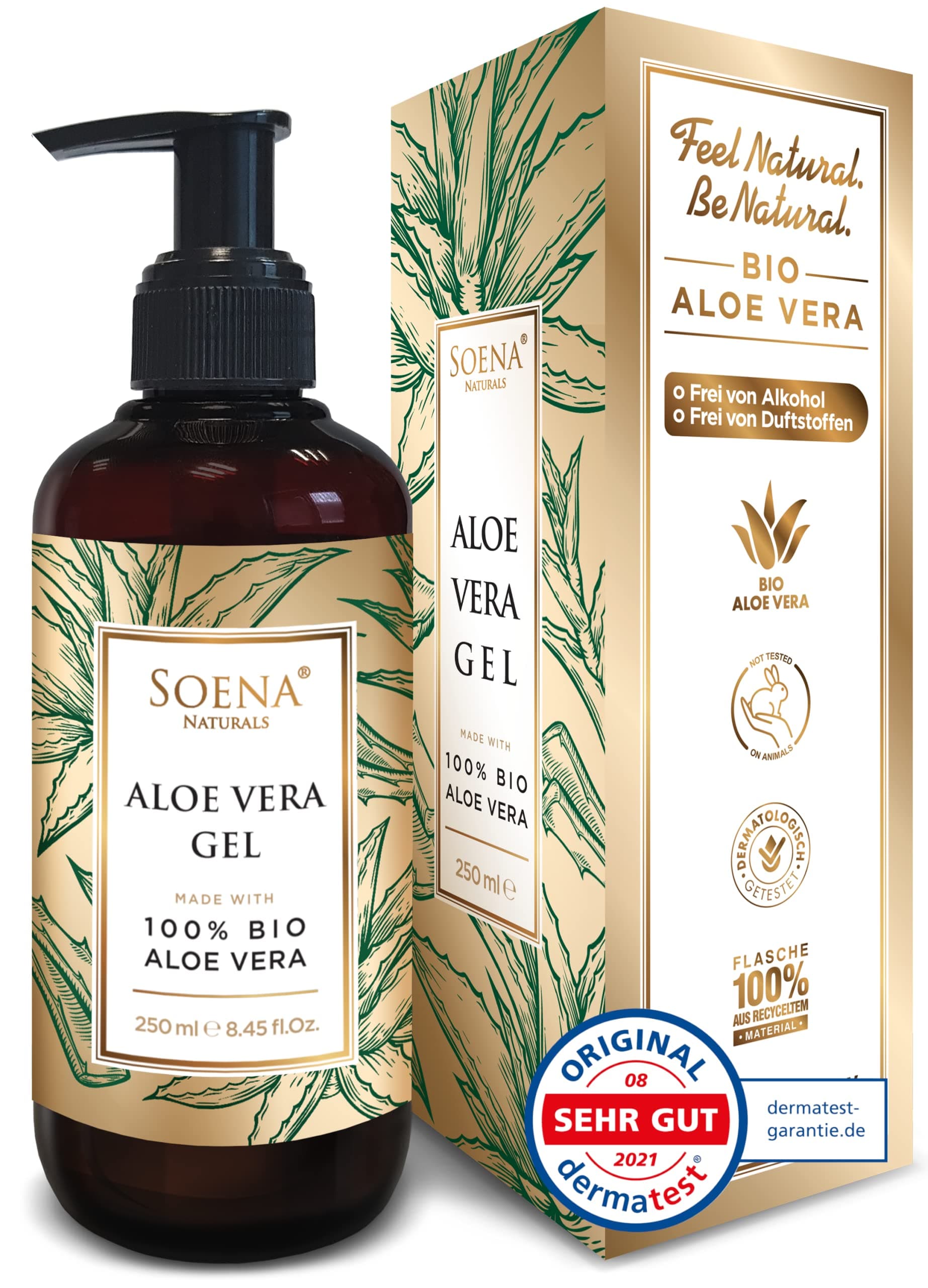 Soena® Aloe Vera Gel 100% BIO – Feuchtigkeitspflege ohne Alkohol & Duftstoffe – Tierversuchsfrei 250ml – Naturkosmetik M