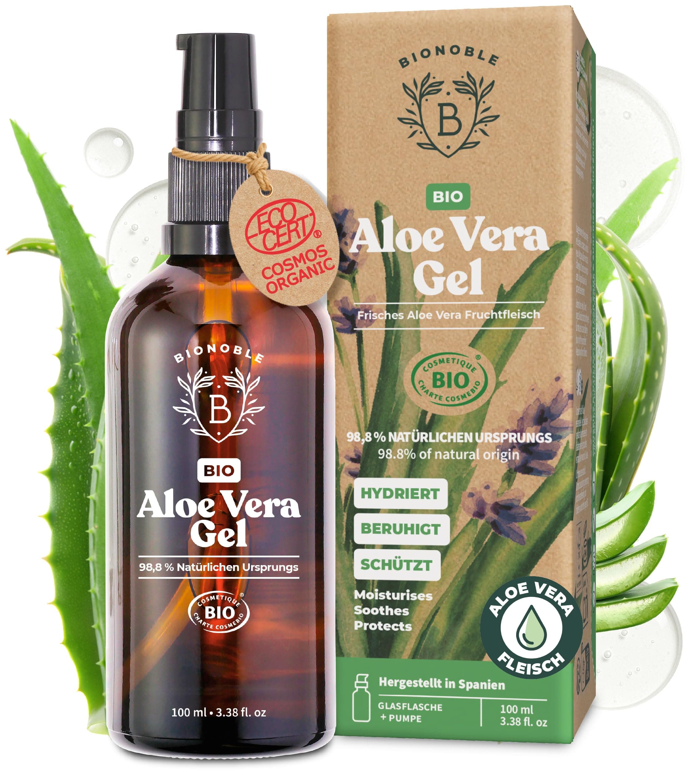 BIONOBLE Bio Aloe Vera Gel 100% Reines Blattgel Haare - Spendet Feuchtigkeit - Gesicht, Nach-Tagebad, Körper - 100ml Gla