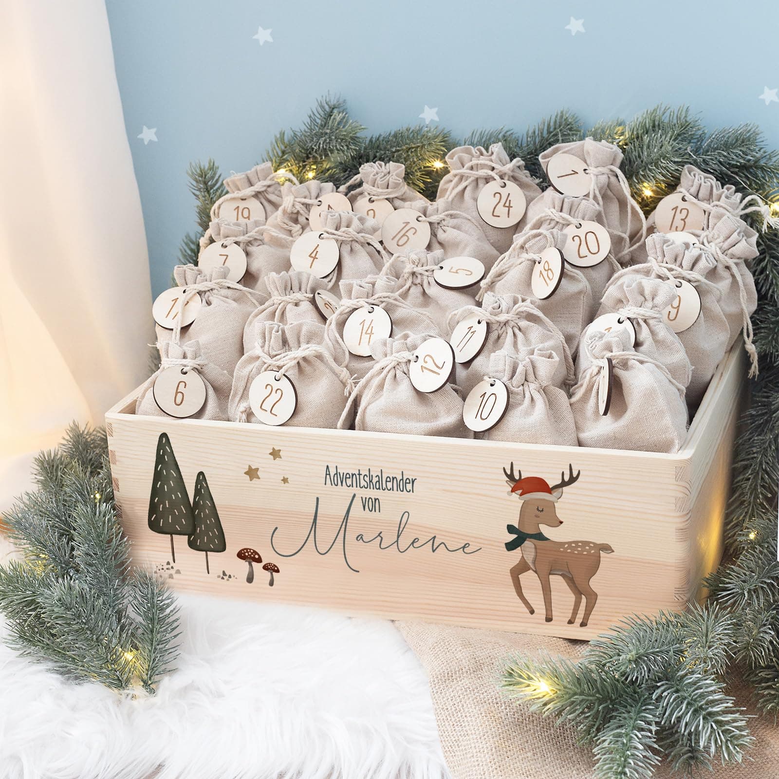 Personalisierte Adventskiste - Kinder Adventskalender aus Holz mit Namen - Weihnachtskalender für Kinder - hellomini (Re
